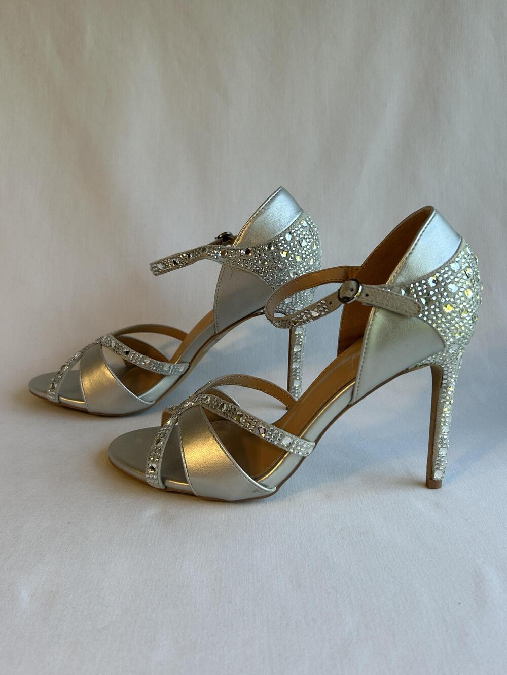 Lauren Lorraine Shoes Womens Size 6 Silver Daisey Crystal Heels Sandals Dress